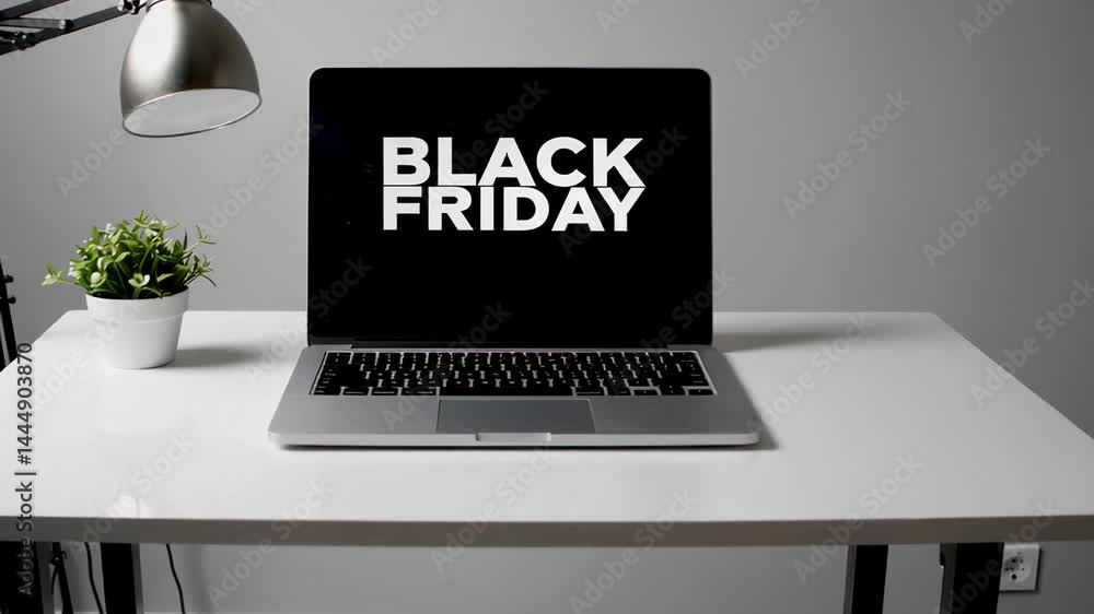 Poster laptop computer displaying black friday sale advertisement sits on white desk with lamp and small pl