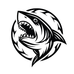 Shark Attack Silhouette Circle Shape, Sharp Teeth, Open Mouth, Black and White