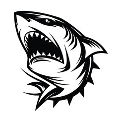 Shark Head Black and White Silhouette with Sharp Teeth, Open Mouth, Fierce Predator