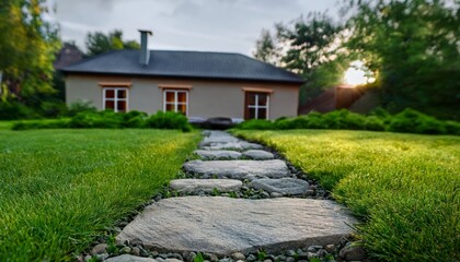 Stone path leads to country house with rich green lawn, Landscaping design with natural stones