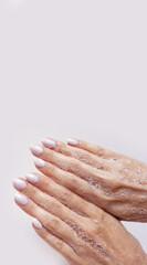 Soap, soap foam. Hands in foam, Hands in soap. Hand washing. Foam for washing.