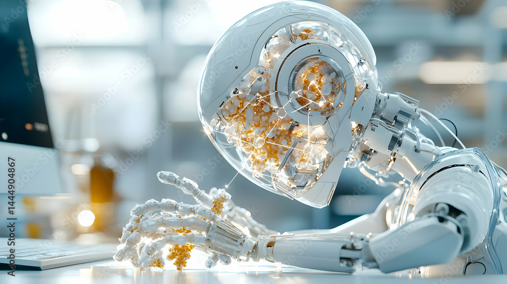 Poster a detailed robotic head and arm interacting with a computer symbolizing technological advancements. 