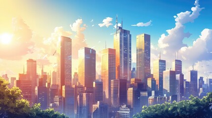 Obraz premium A Vibrant City Skyline at Sunset Featuring Skyscrapers, Warm Glow, Lush Greenery, and a Beautiful Cloudy Sky, Capturing the Essence of Urban Life and Nature Integration