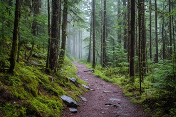 Fototapeta premium Misty forest trail. Lush greenery, mossy path