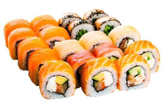 Assorted sushi nigirimaki rolls, Japanese cuisine delicacy, isolated on white background PNG