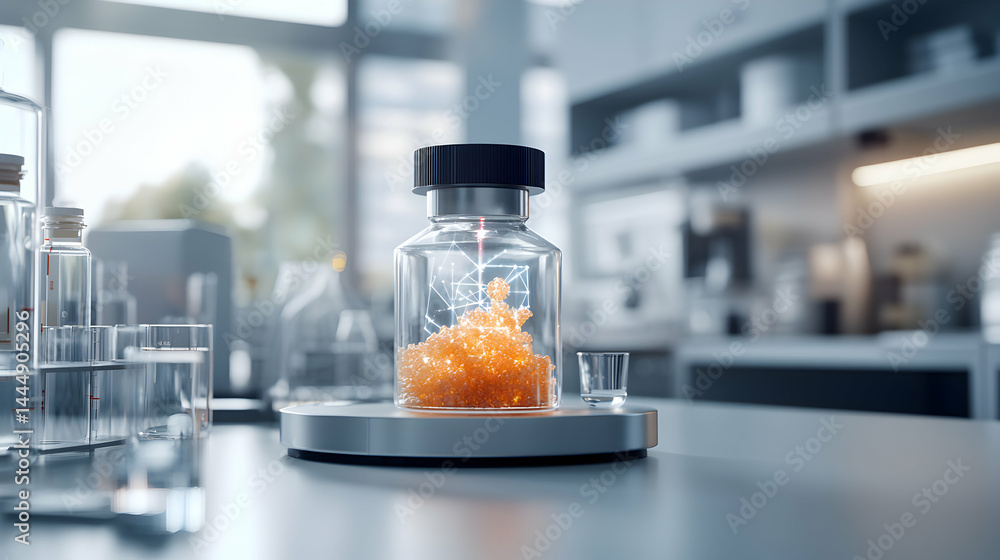 Aufkleber a futuristic laboratory setting with a transparent vial containing glowing particles. ideal for scie
