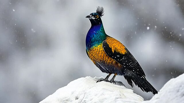 Himalayan Monal pheasant standing proudly on a snow-covered rock in winter landscape
