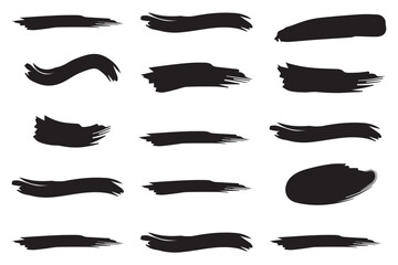  ink stains mega set elements in flat graphic design. Bundle objects of rough brush stroke patterns and dirty paint blobs with grunge edges in different abstract forms. 