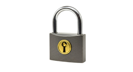 Isolated Gray Metal Padlock with Gold Keyhole