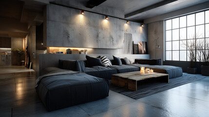 Industrial Loft Living Room With Moody Lighting and Concrete Walls