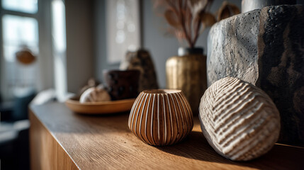Textured Ceramic Vessels with Natural Light on Wooden Surface