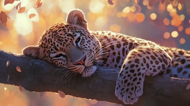 Leopard cub on a wooden platform with sunlight casting warm glow. 