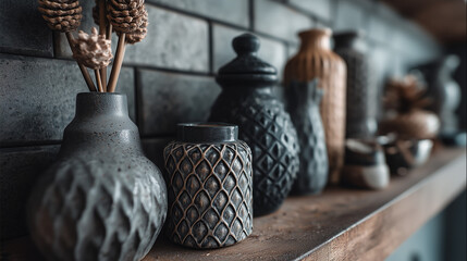 Rustic Ceramic Vases and Pine Decor on Wooden Shelf