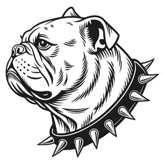 Bulldog Portrait in Profile with Spiked Collar, Monochrome Detailed