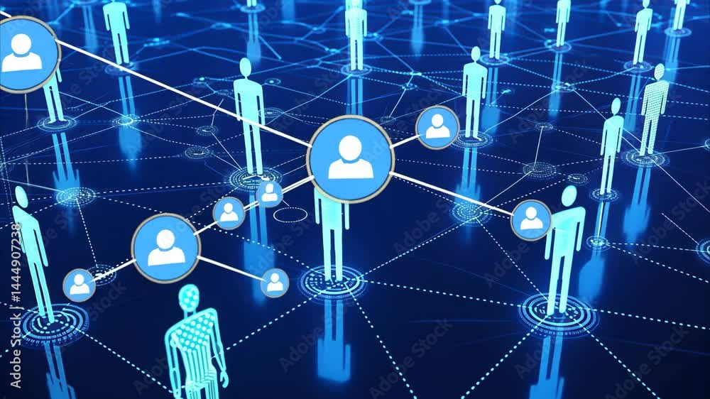 Poster network of connections showcasing people icons and data visualizations in a digital environment, net