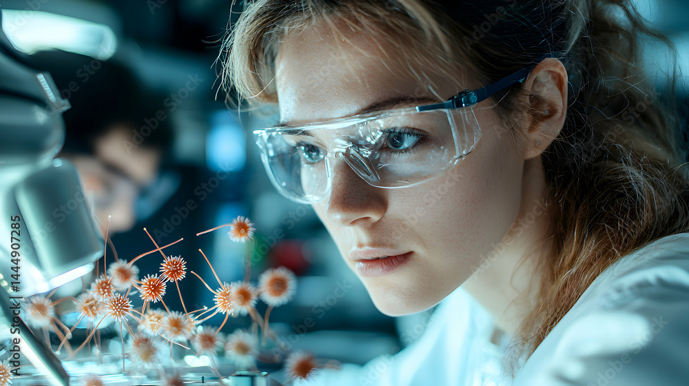 Poster a scientist in a lab studies a microscopic structure looking for insight. she is wearing safety glas