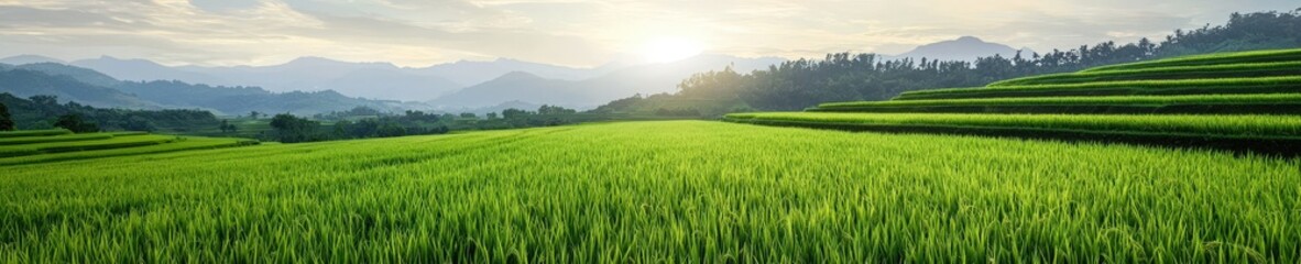 Fototapeta premium Lush Green Rice Terraces Under Bright Morning Sunlight Landscape