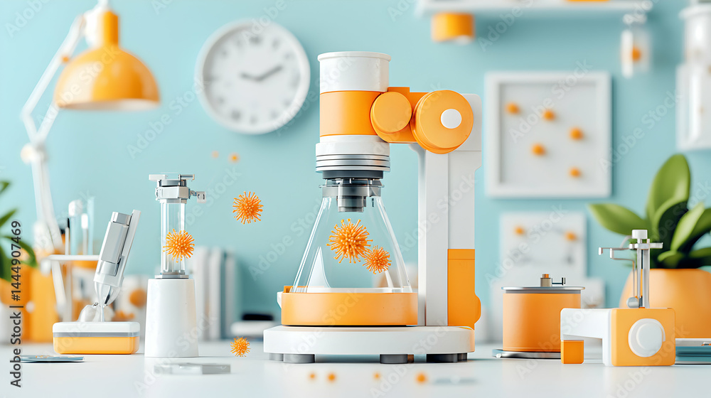 Aufkleber a modern laboratory setting featuring a microscope and virus particles. ideal for educational conten