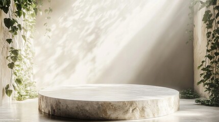 Round Stone Podium with Greenery and Sunlight