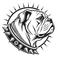 Bulldog Head Profile Silhouette with Spiked Collar and Sunburst Effect in Black and White