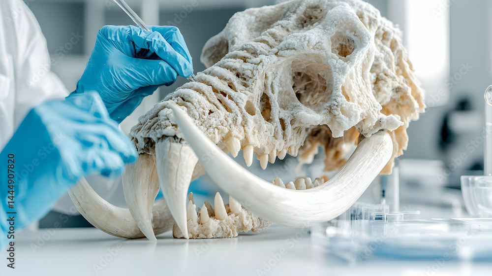Poster a close-up view of a scientist examining a sabertooth tiger skull. it is likely used for research in