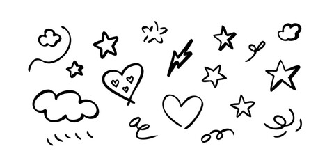 Obraz premium Playful doodle set with hand-drawn stars, hearts, arrows, clouds, and abstract squiggles.