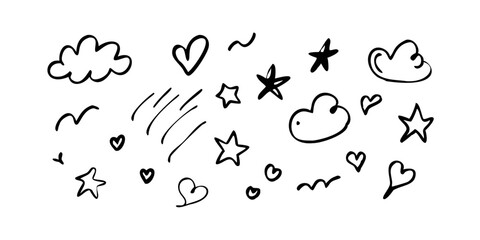 Playful doodle set with hand-drawn stars, hearts, arrows, clouds, and abstract squiggles.