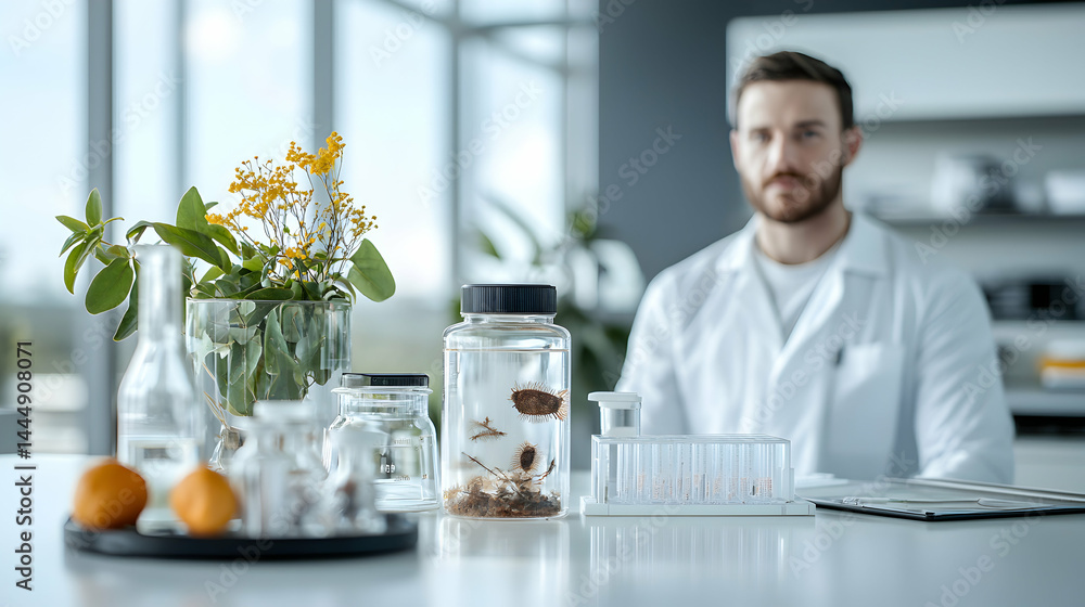 Poster a lab scene with a scientist examining samples and natural elements. suggestion explore nature of sc