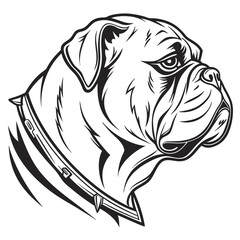 Bulldog head outlined in black and white, facing right, wearing spiked dog collar