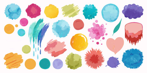 柔らかな筆致、染み、水しぶきを収録した水彩テクスチャセット。デジタルアート、背景デザイン、クリエイティブな印刷プロジェクトに最適な、手描きのアートコレクションです。