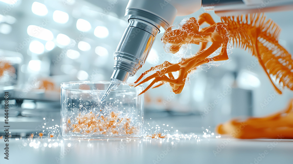 Poster a futuristic laboratory scene features a robotic arm interacting with organic matter. possible appli
