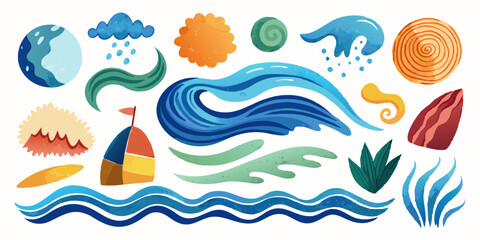Collection of sea elements like waves, shells, and plants in a creative vector illustration. Set of ocean symbols with tropical plants and marine life