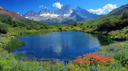 Serene alpine lake nestled amidst wildflowers and mountains
