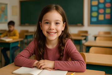ultra high resolution quality image and ultra detailed and clear and sharp image "Bright Minds: A Portrait of a Smiling Schoolgirl at Her Desk"