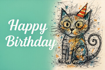 abstract cat with party hat on birthday card with chaotic sketch art