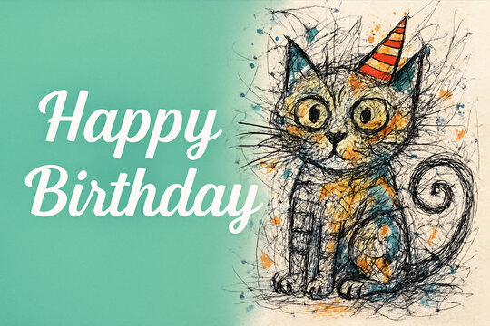abstract cat with party hat on birthday card with chaotic sketch art