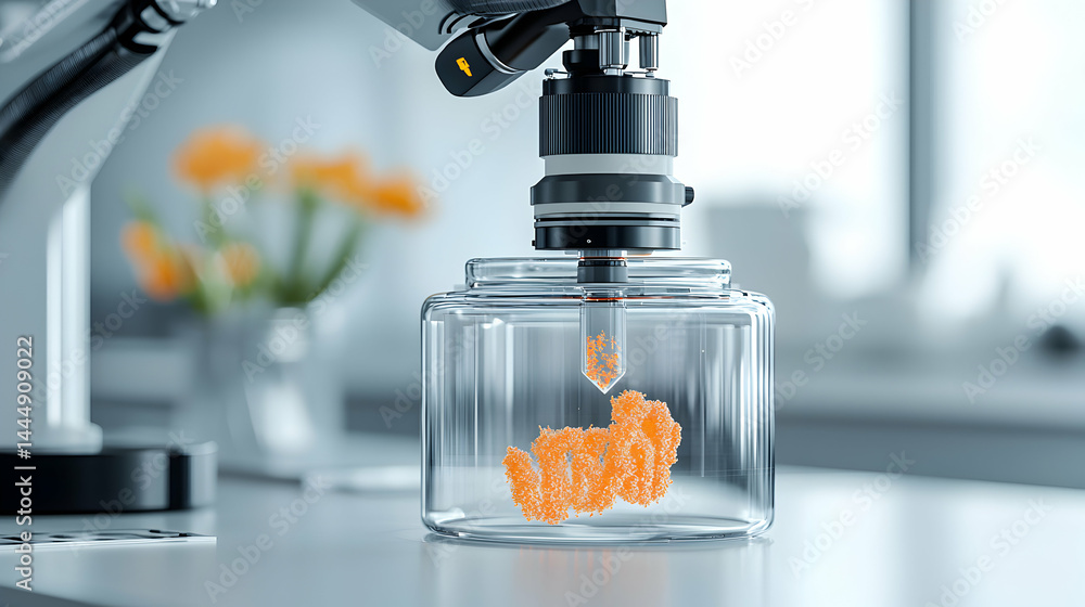 Aufkleber a robotic arm places an orange particle structure within a glass container. it suggests advanced sci