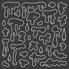 Hand drawn white doodles of dripping and goo shapes on black background in sketch style
