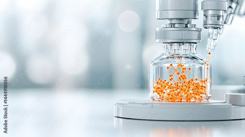 Poster a glass vial in a lab setting with molecular structures and a robotic arm. illustrates biotechnology