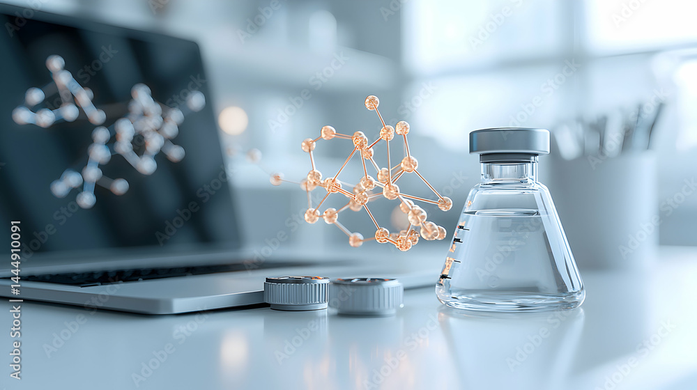Poster this image shows scientific research a vaccine vial and molecular structures in a lab setting. perfe