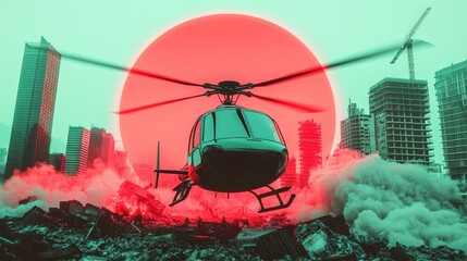 Helicopter Flying Over Urban Destruction in Neon Color Background