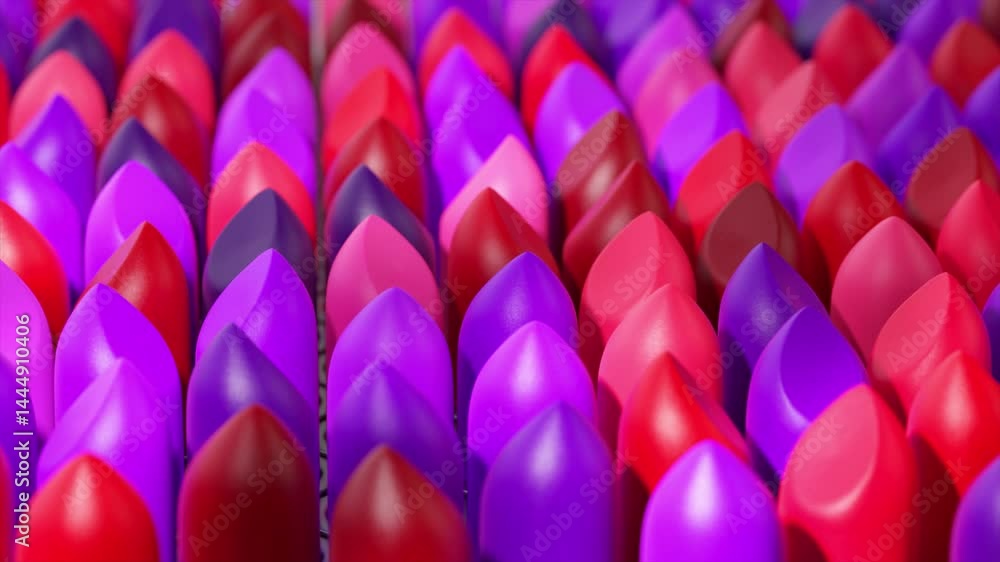 Poster colorful lipsticks rotating methodically across black grid background, creating dynamic visual patte