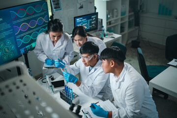 Modern medical scientists collaborate in a high-tech laboratory, analyzing chemical reactions and...