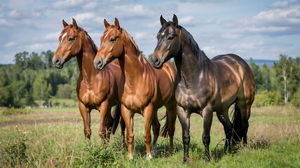 Fototapeta premium A photograph of three horses standing side-by-side in a sun-drenched field of lush green grass.