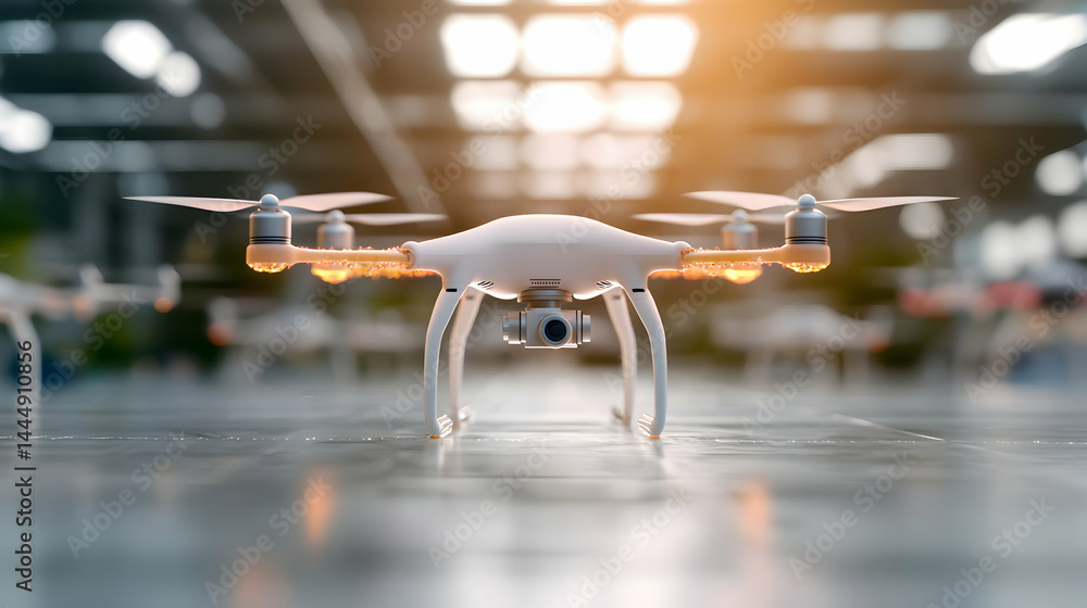 Poster a close-up of a drone. it is a white drone with four propellers. the drone is resting on a reflectiv