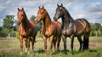 A photograph of three horses standing side-by-side in a sun-drenched field of lush green grass.