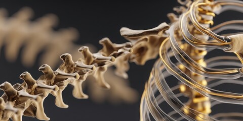 Digital Medical Futuristic Interface 3D Rendering Concept. Detailed Human Spine Structure Illustration with Vertebrae and Surrounding Anatomy Elements