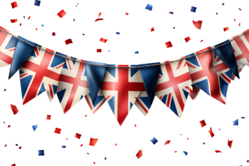 3D vector realistic bunting with British flags and confetti isolated on a transparent background png