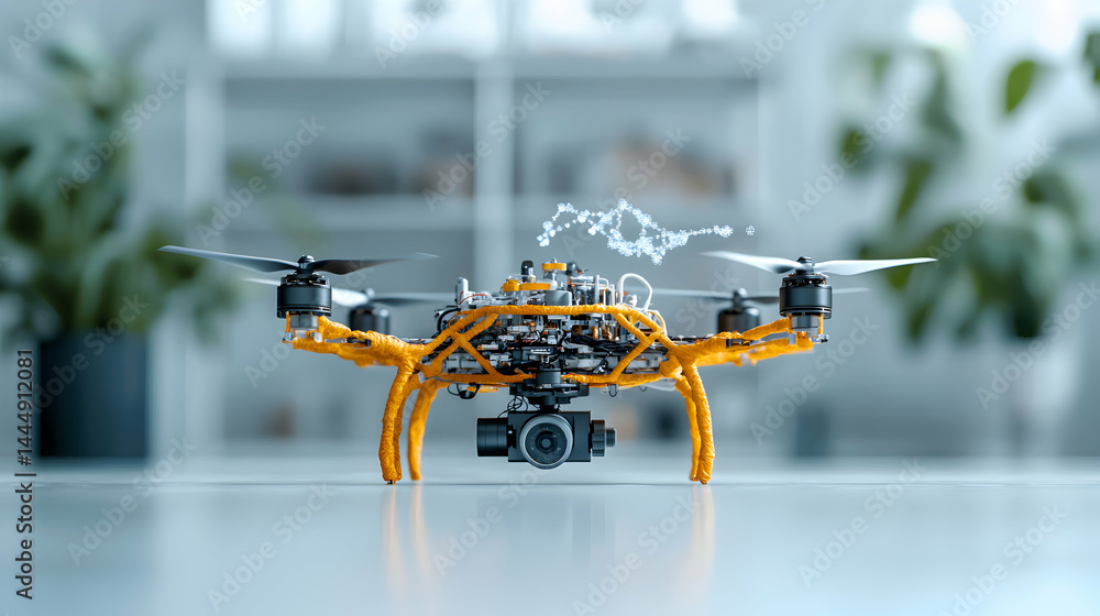 Poster an up-close image of a drone with intricate internal workings. ideal for tech enthusiasts and illust