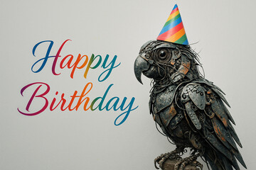 Mechanical parrot in abstract tech-style birthday card